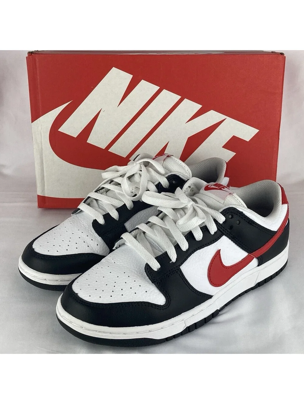 Men’s Size 9 Nike Dunk Low Retro White Black Red Swoosh FB3354-001 Sneakers